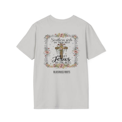 Jesus Shirt for Women — "Southern Girls & Jesus" Floral Tee in Ice Grey