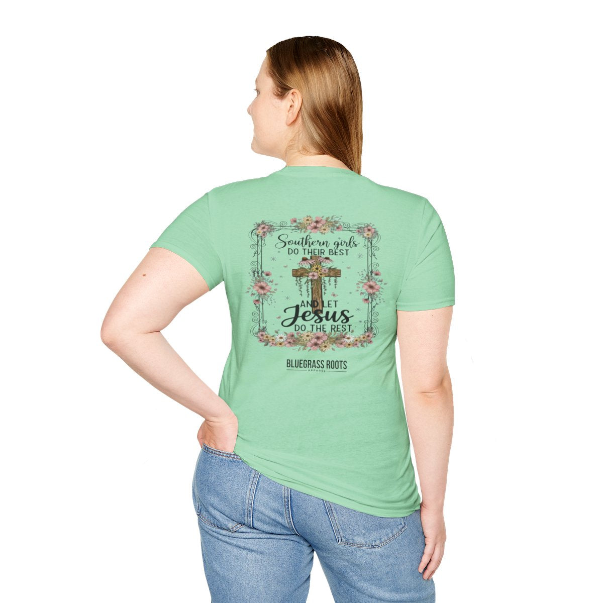 Jesus Shirt for Women — "Southern Girls & Jesus" Floral Tee in Mint Green