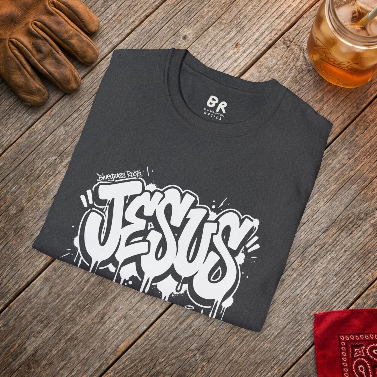 Jesus Tee — "Saved by Grace" Graffiti Christian Streetwear Shirt in Dark Heather
