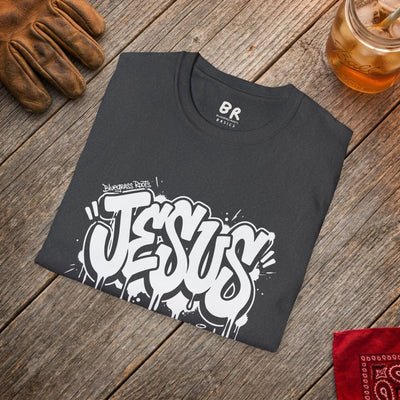 Jesus Tee — "Saved by Grace" Graffiti Christian Streetwear Shirt in Dark Heather