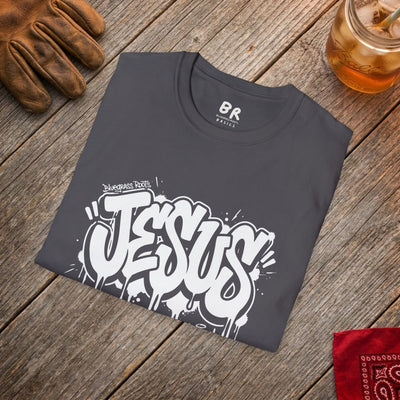 Jesus Tee — "Saved by Grace" Graffiti Christian Streetwear Shirt in Charcoal