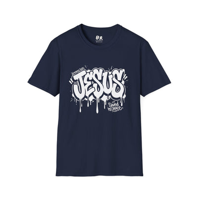 Jesus Tee — "Saved by Grace" Graffiti Christian Streetwear Shirt in Navy