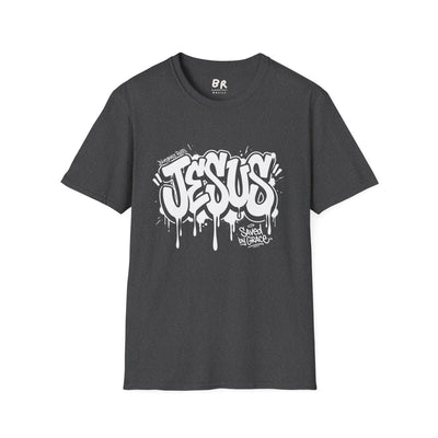 Jesus Tee — "Saved by Grace" Graffiti Christian Streetwear Shirt in Dark Heather