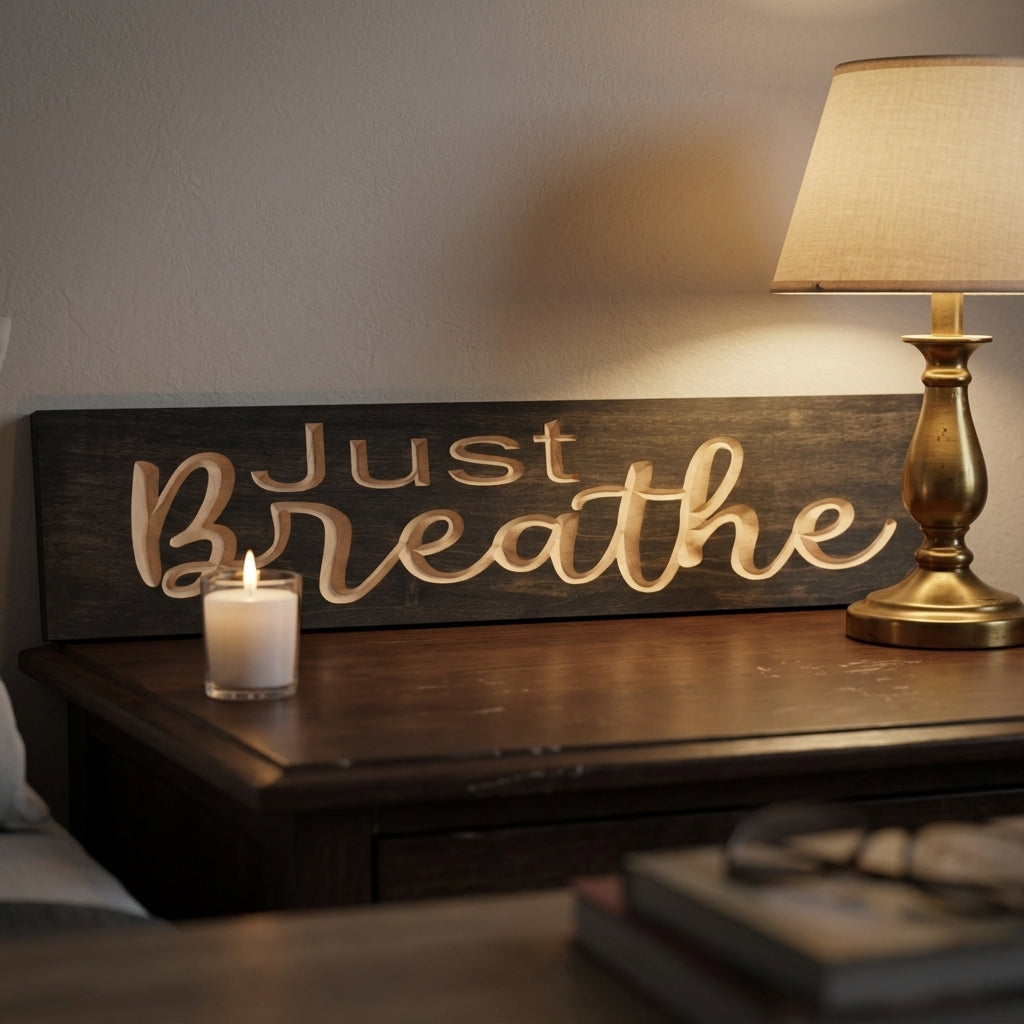 A "Just Breathe Sign" rests on a dark wooden dresser, illuminated by a lit candle and a brass lamp, from Bluegrass Gifts