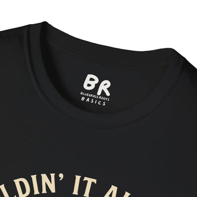 A close-up of the collar on the black "Kentucky Shirt - Holdin' It All Together" revealing the Bluegrass Roots Basics tag