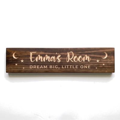 Personalized Emma's Room sign carved into solid wood in a Dark Walnut finish, straight on, on a white background (studio photo)