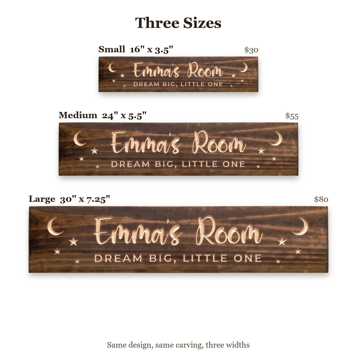 Emma's Room sign size guide: Small 16 x 3.5 inches, Medium 24 x 5.5 inches, Large 30 x 7.25 inches