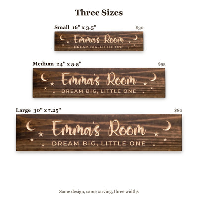 Emma's Room sign size guide: Small 16 x 3.5 inches, Medium 24 x 5.5 inches, Large 30 x 7.25 inches