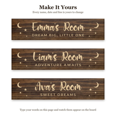 Emma's Room sign shown with three different sets of words on the same walnut board, to show every name, date and line can be changed