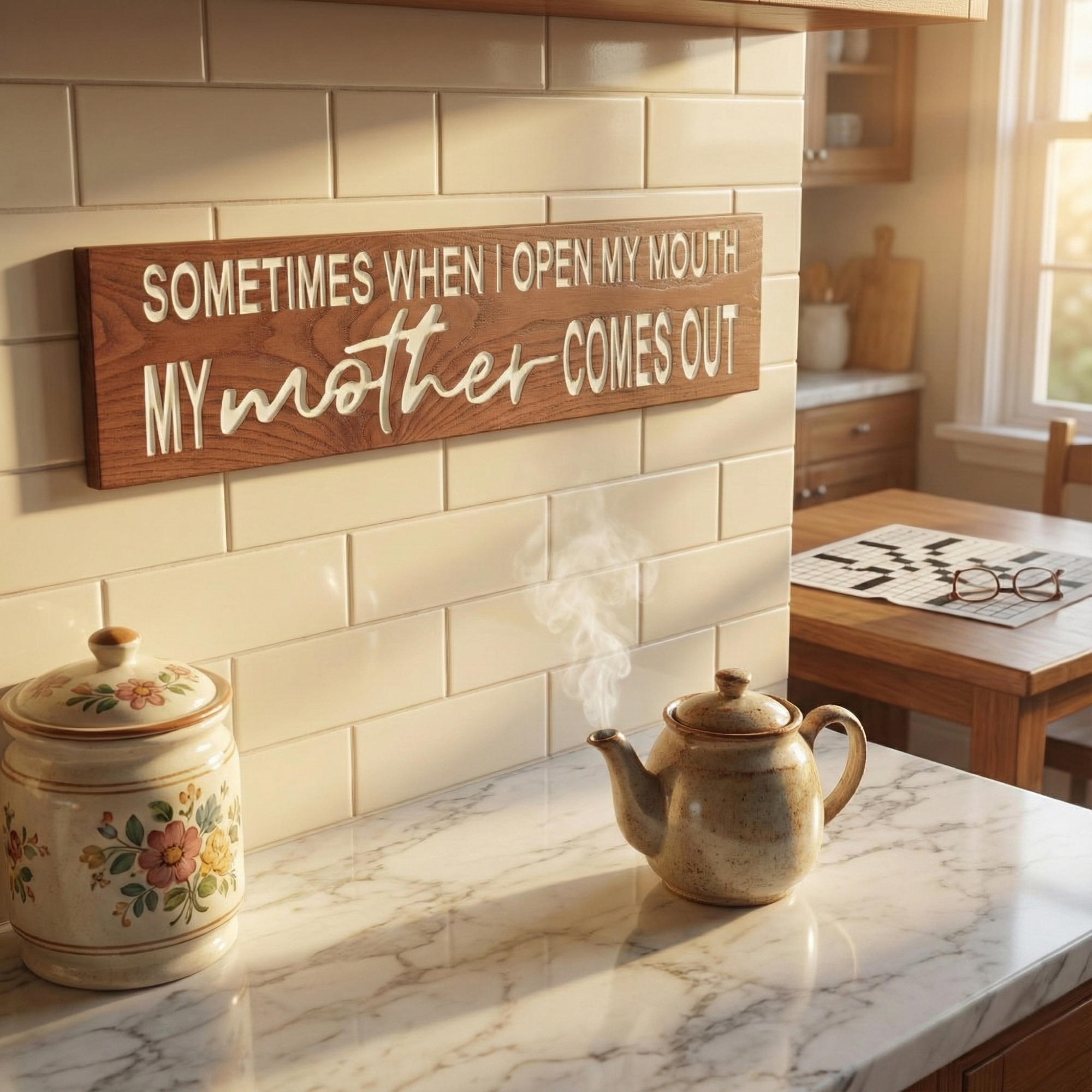 A funny mother-themed wood sign displayed on a white tiled kitchen backsplash next to a steaming teapot.