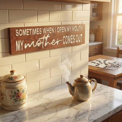 A funny mother-themed wood sign displayed on a white tiled kitchen backsplash next to a steaming teapot.