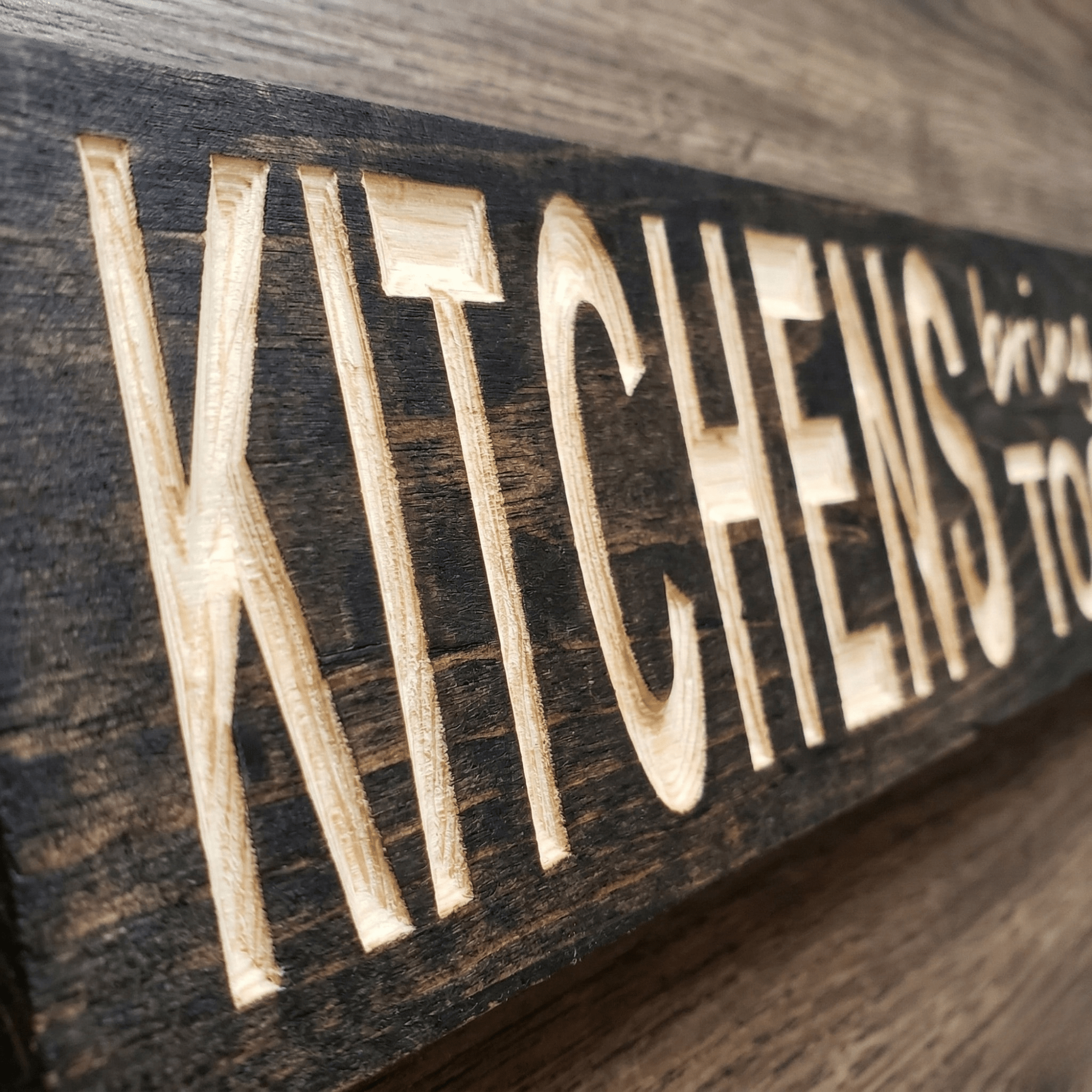 cnc-carved-wood-sign-detail-view - kitchens bring families together wood sign by Bluegrass Gifts, handmade in Kentucky