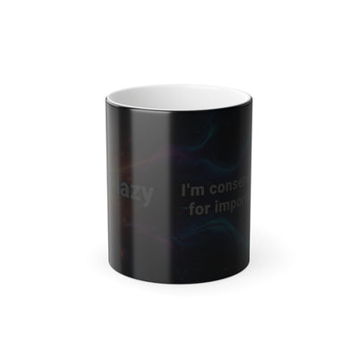 I’m Not Lazy mug in cold state with dark sleek finish, hiding the galaxy design before heat activation.