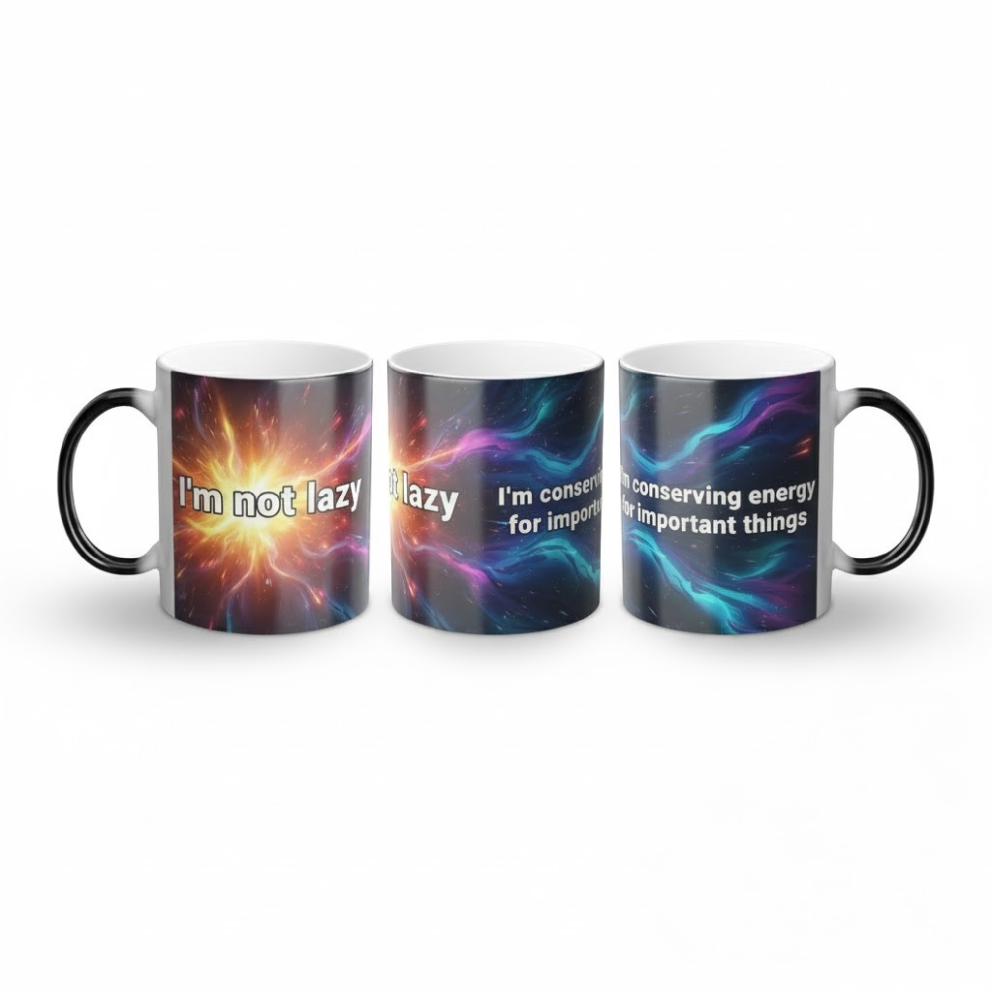 Three I’m Not Lazy cosmic heat-reveal mugs side by side showing full transformation from dark galaxy to bright orange starburst design.
