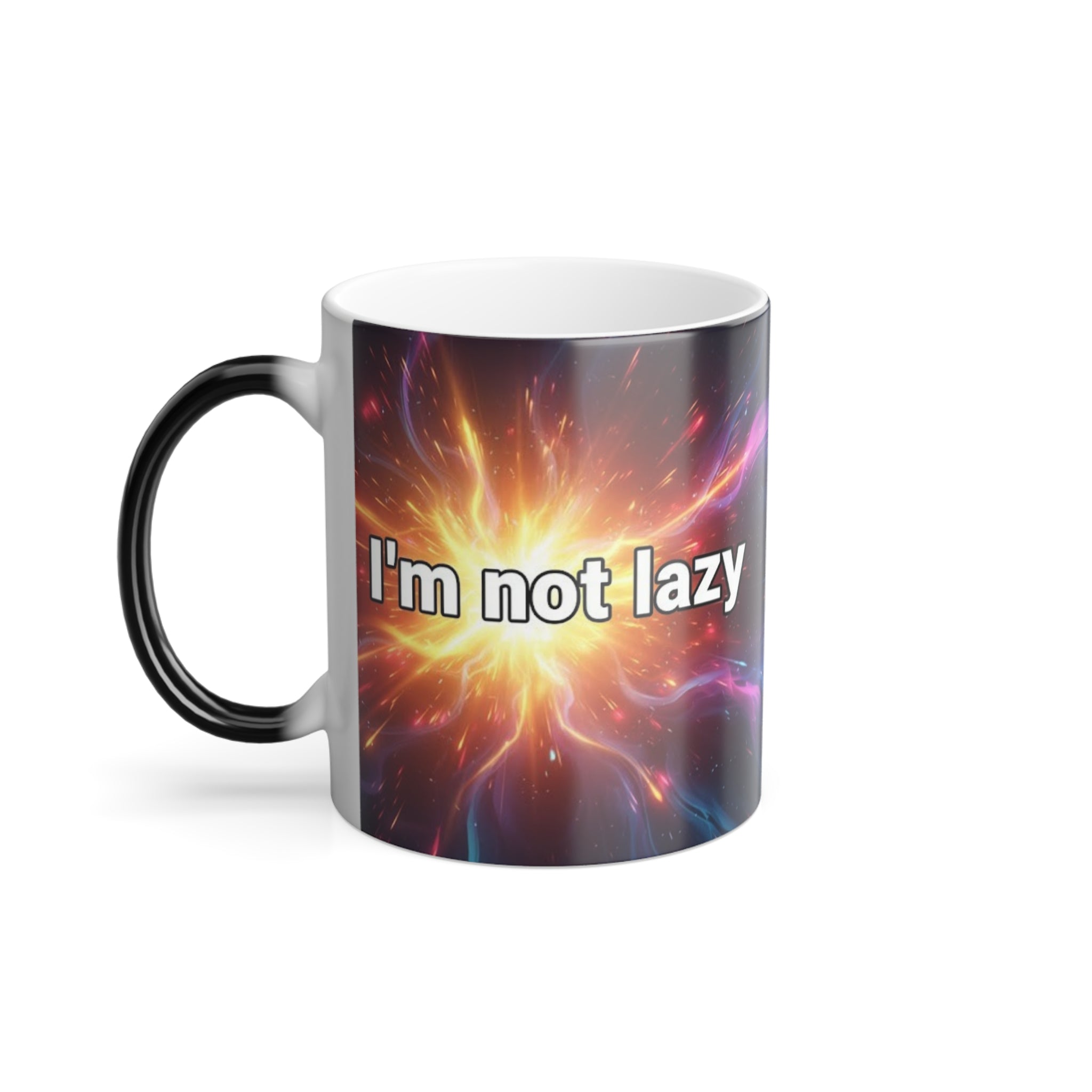 Left view of I’m Not Lazy cosmic mug featuring purple and blue nebula colors with witty quote design.