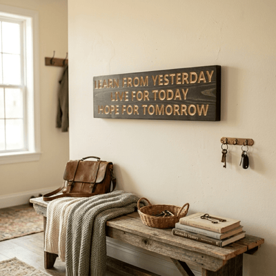 Carved wood Learn from Yesterday Hope for Tomorrow sign hanging above a rustic entryway bench in a Kentucky farmhouse.