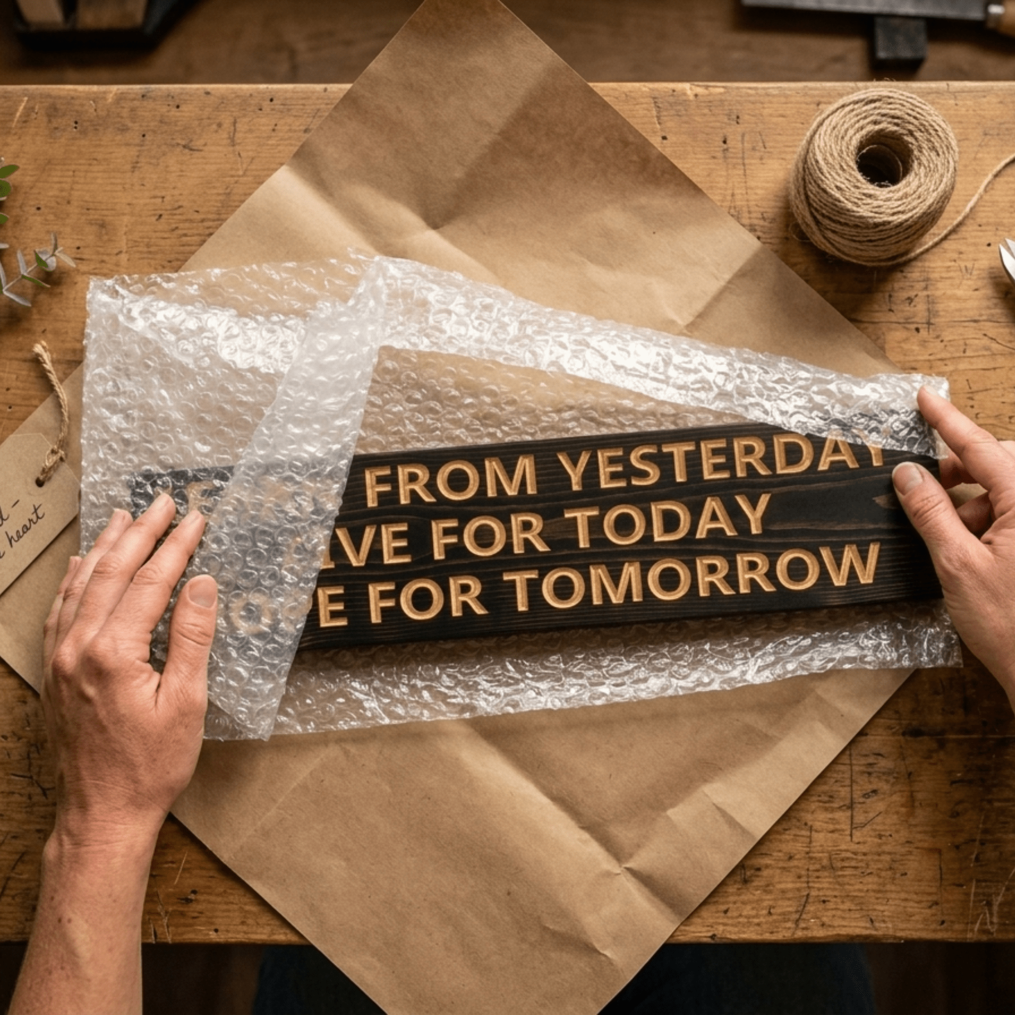 Hands wrapping the Learn from Yesterday Hope for Tomorrow wooden sign for shipping from the Rineyville Kentucky workshop.