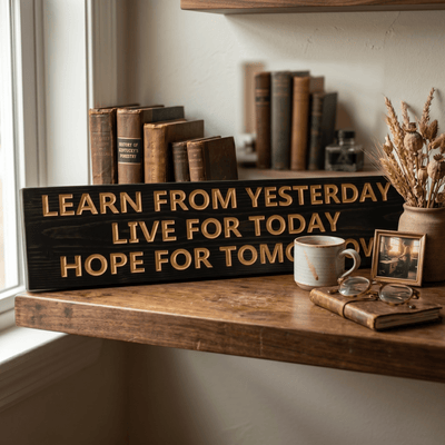 Inspirational Learn from Yesterday Hope for Tomorrow carved sign styled on a home office shelf with vintage books and coffee mug.