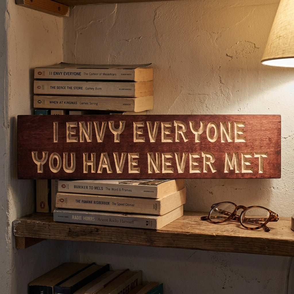 A dark reddish-brown Leave Me Alone Sign with carved light letters rests on a shelf with books and a lamp from Bluegrass Gifts