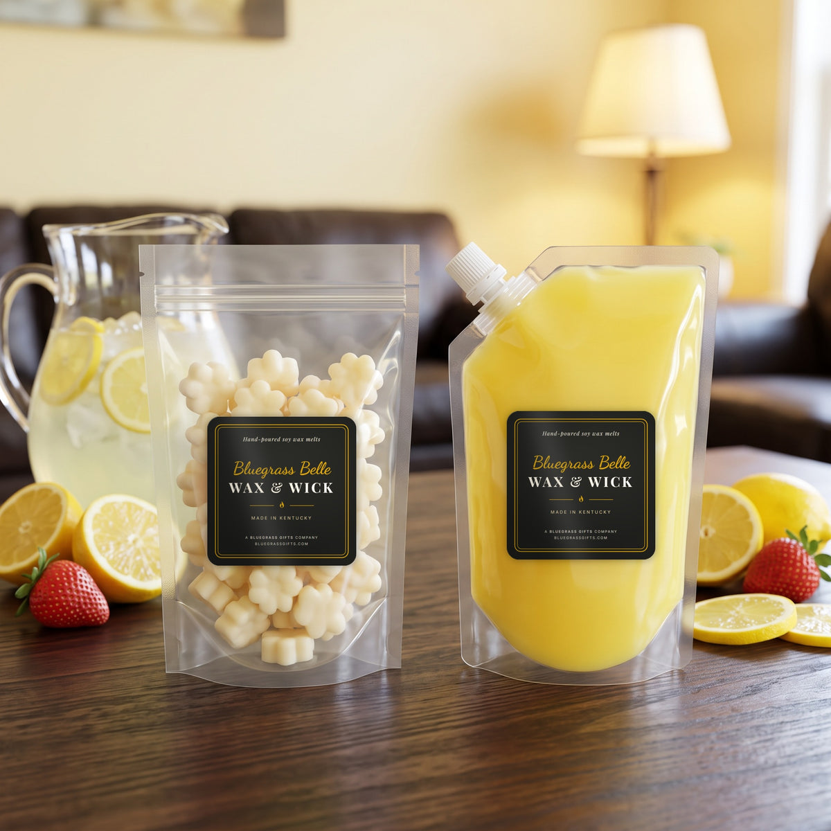 Lemonade Stand squeeze wax melt pouch and wax melt tarts by Bluegrass Belle Wax & Wick