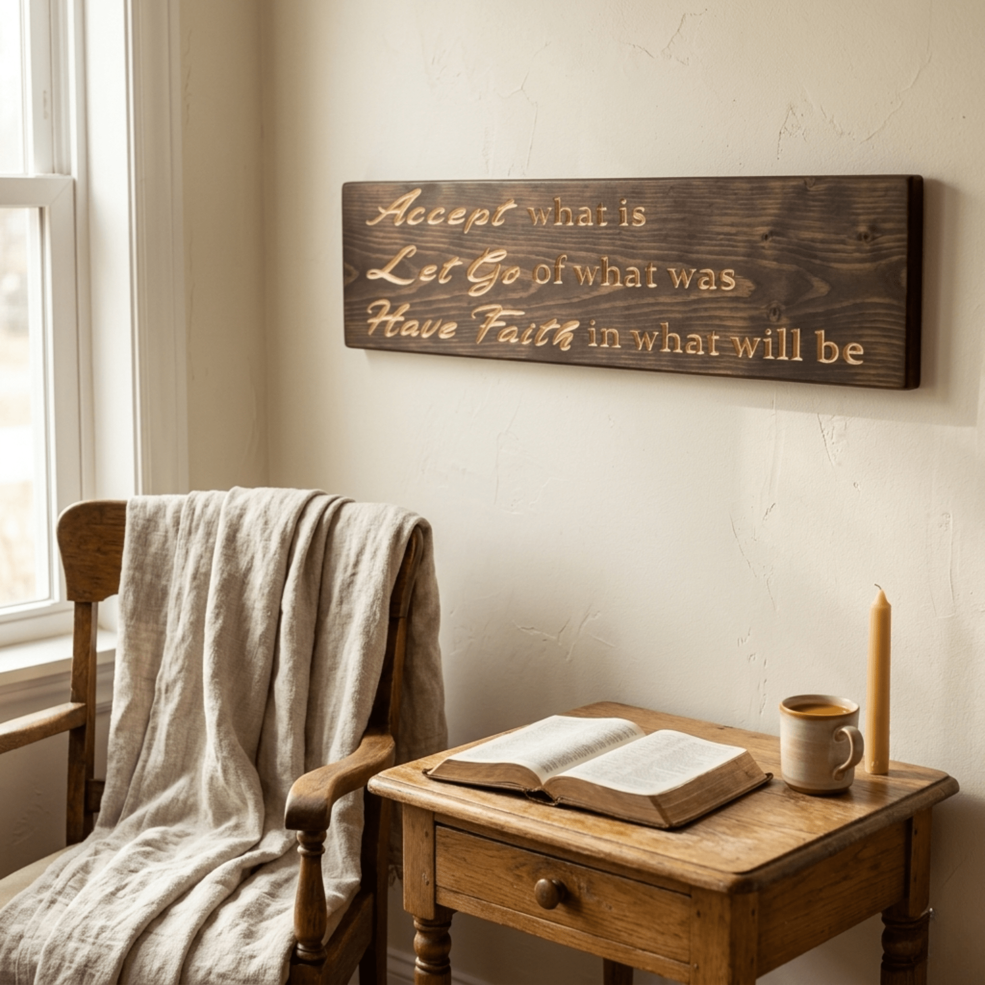 Accept What Is Let Go of What Was Have Faith mindfulness sign styled on a reclaimed shelf with vintage books and candle.