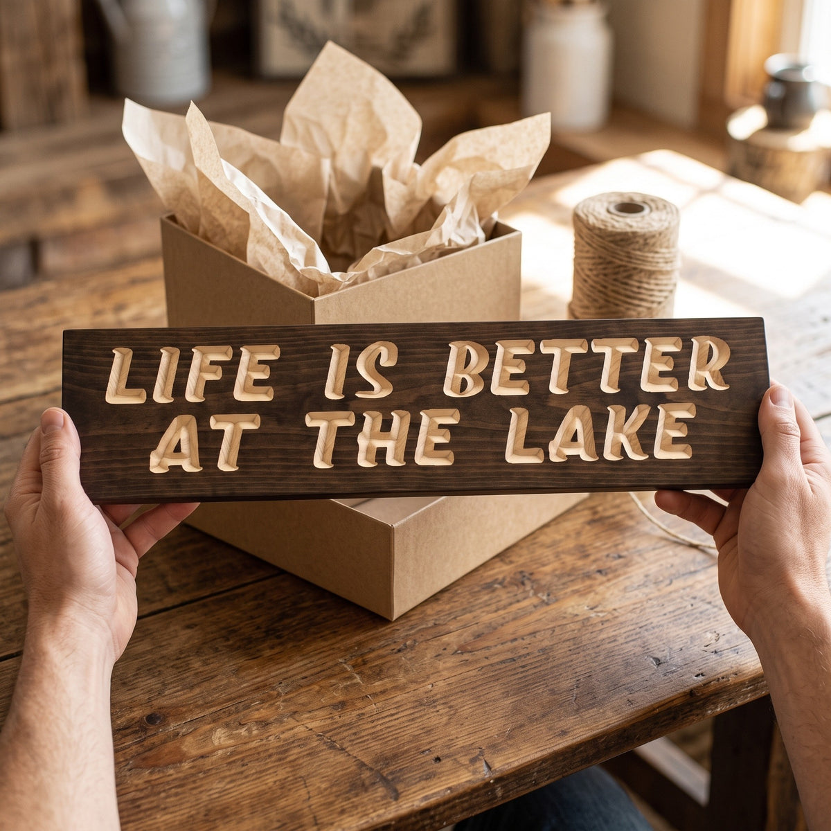 Hands holding the Life Is Better at the Lake sign over a kraft gift box with tissue paper