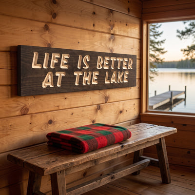 The Life Is Better at the Lake sign on a knotty pine cabin wall above a bench, a lake and dock through the window