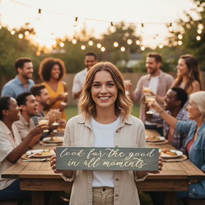 A happy customer holding the "Look for the good in all moments" wood sign at an outdoor dinner party, highlighting its value as a gift.