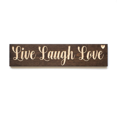 Live Laugh Love sign carved into solid wood in a Dark Walnut stain, straight on, on a white background