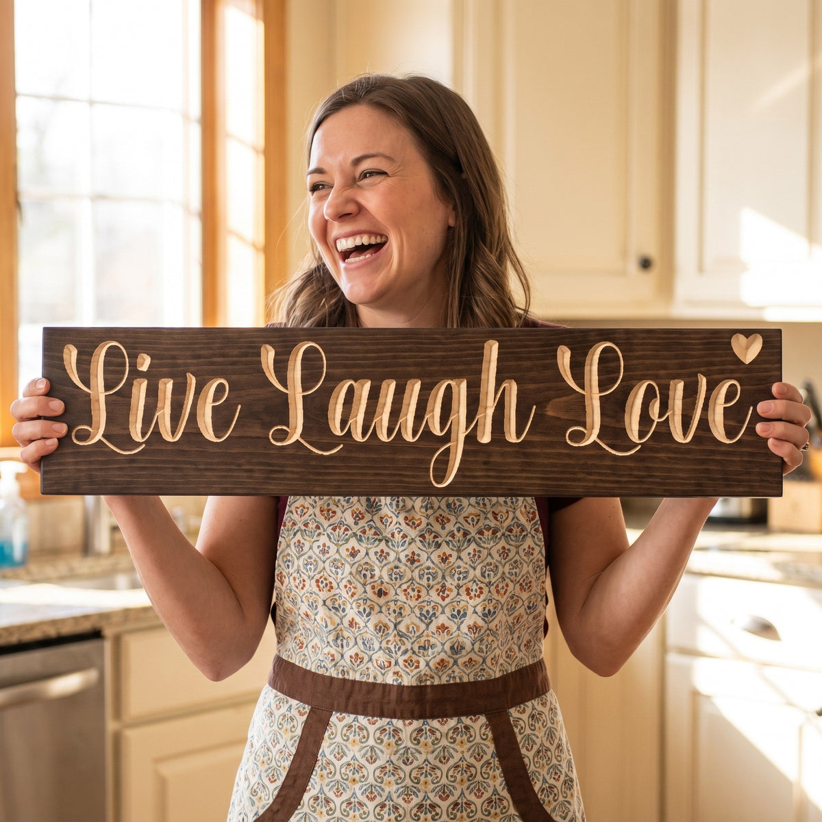 A laughing woman in an apron holds the Live Laugh Love sign in her sunny kitchen