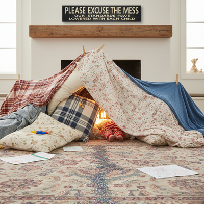 Relatable family living room with a pillow fort and a "Please Excuse the Mess" CNC-carved wood sign displayed prominently on the fireplace mantel.