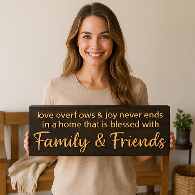 Woman holding “Love Overflows and Joy Never Ends” Family & Friends wooden sign, inspirational farmhouse wall art.