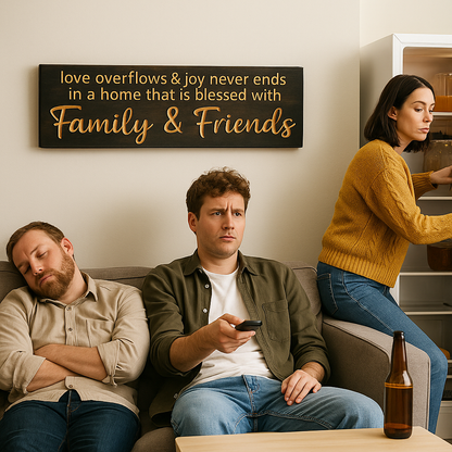 “Love Overflows and Joy Never Ends” Family & Friends wooden wall sign displayed in a living room, rustic farmhouse décor.