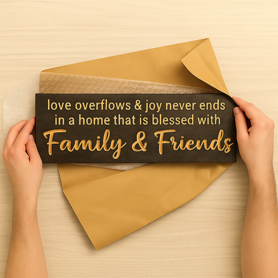 Hands holding and unwrapping “Love Overflows and Joy Never Ends” Family & Friends wooden sign, handmade inspirational gift.
File Name: love-overflows-family-friends-sign-