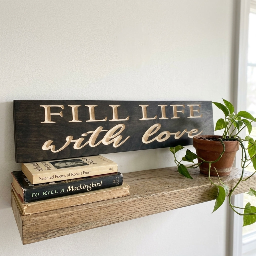 A dark carved Love Quote Sign "FILL LIFE with love" sits on a rustic shelf with books and a plant from Bluegrass Gifts