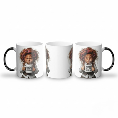 Three-quarter view showing full design reveal of the GNOMEBODY TALK TO ME BEFORE 9AM mug.