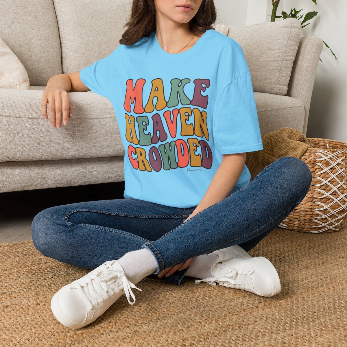Make Heaven Crowded Shirt — Retro Groovy Christian Tee in Sky
