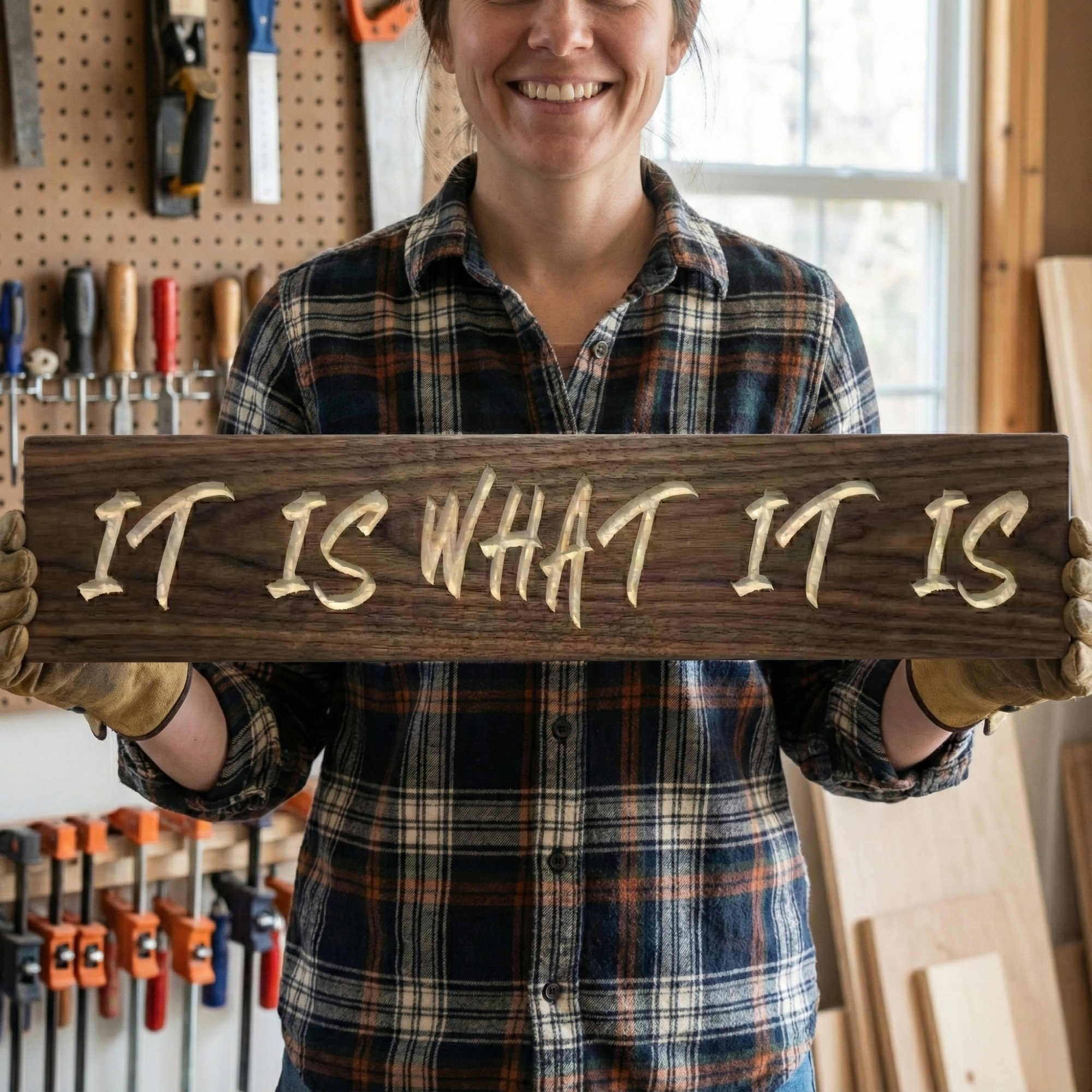 A woodworker holding the finished carved walnut IT IS WHAT IT IS sign with both hands in a workshop environment.
