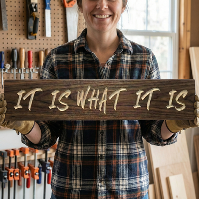 A woodworker holding the finished carved walnut IT IS WHAT IT IS sign with both hands in a workshop environment.