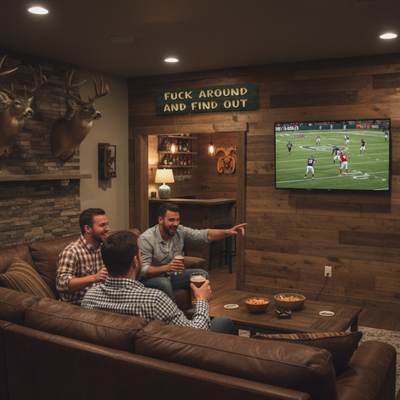 A group of men watching football in a rustic man cave with the "Fuck Around and Find Out" statement wall art hanging above the doorway.