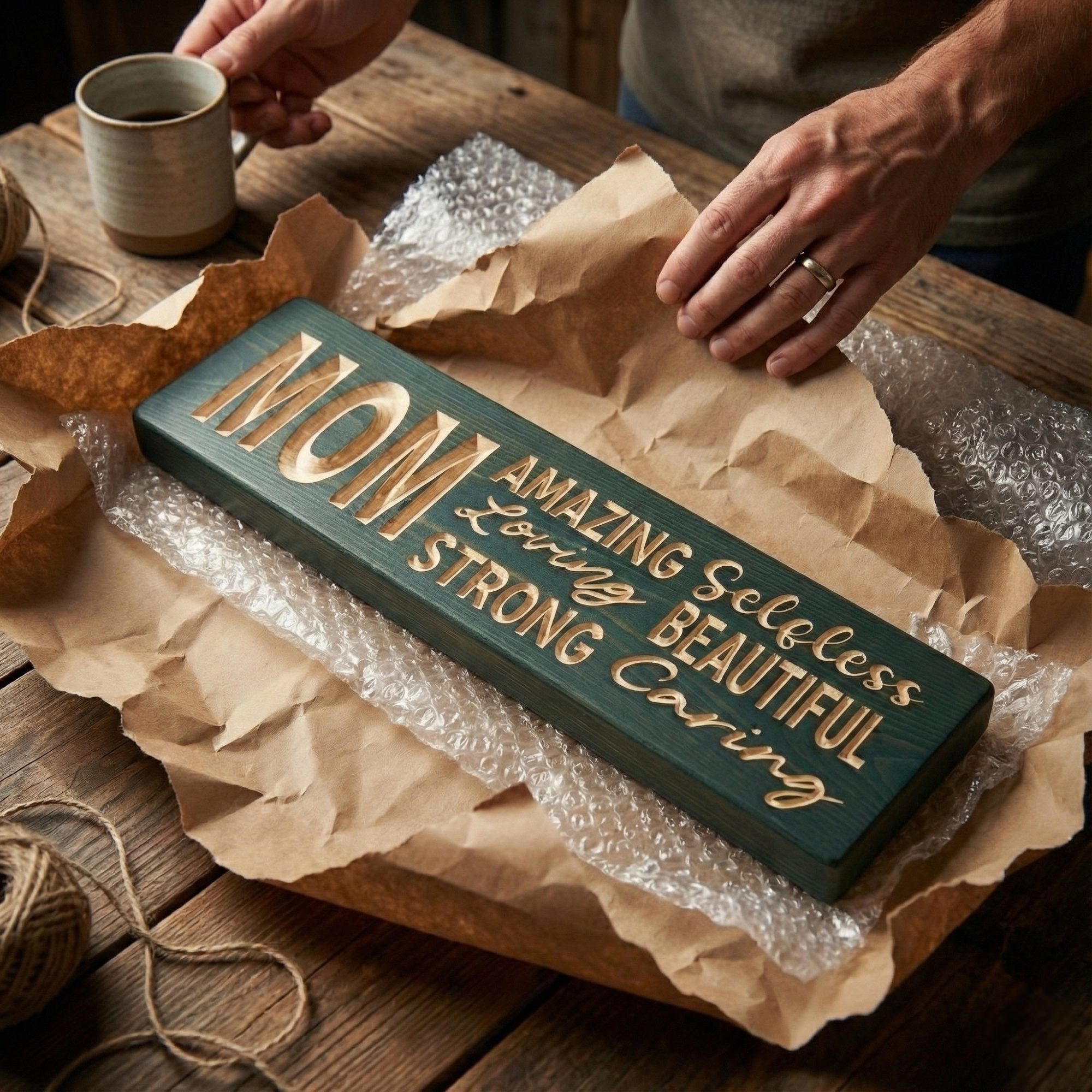 "Hands unwrapping a Bluegrass Gifts 'MOM: Amazing, Loving, Strong' carved wood sign, packaged for gifting, on a rustic wooden table.