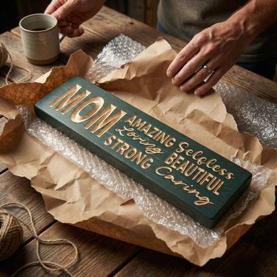 "Hands unwrapping a Bluegrass Gifts 'MOM: Amazing, Loving, Strong' carved wood sign, packaged for gifting, on a rustic wooden table.