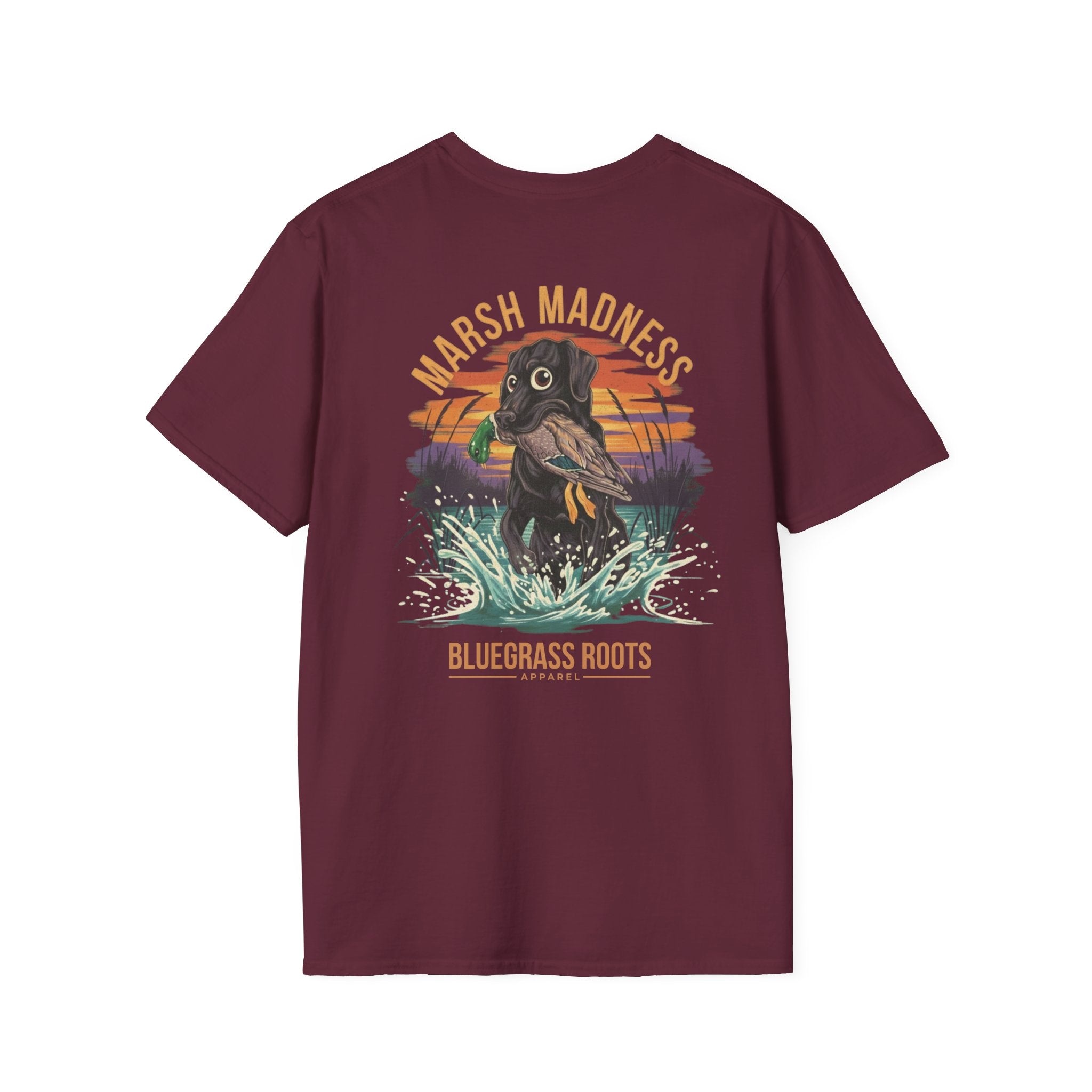 Marsh Madness Duck Hunting Dog & Mallard T-Shirt - cotton graphic tee folded display by Bluegrass Gifts
