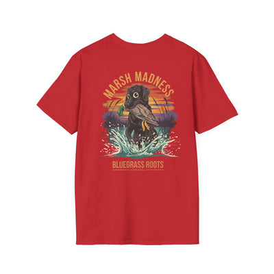 Marsh Madness Duck Hunting Dog & Mallard T-Shirt - graphic tee extra angle by Bluegrass Gifts
