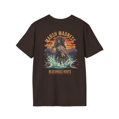 Marsh Madness Duck Hunting Dog & Mallard T-Shirt - graphic tee displayed on hanger by Bluegrass Gifts
