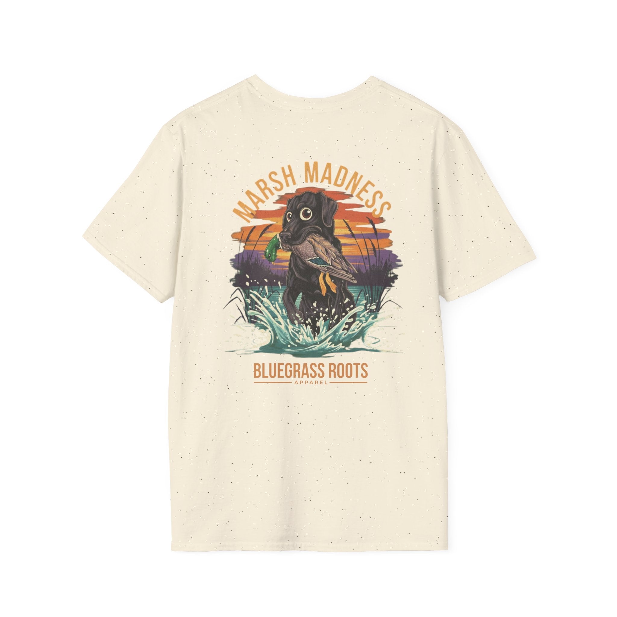 Marsh Madness Duck Hunting Dog & Mallard T-Shirt - unisex graphic tee front design by Bluegrass Gifts