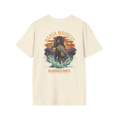 Marsh Madness Duck Hunting Dog & Mallard T-Shirt - unisex graphic tee front design by Bluegrass Gifts