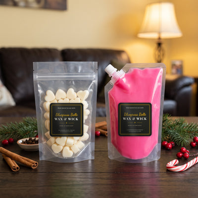Matching Pajamas squeeze wax melt pouch and wax melt tarts by Bluegrass Belle Wax & Wick