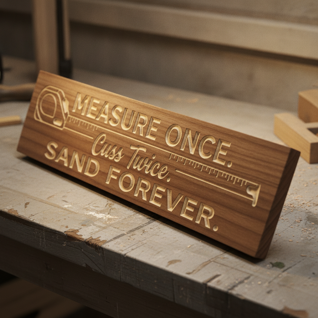 Wood Shop Sign — Measure Once, Cuss Twice, Sand Forever — carved wood sign — Bluegrass Gifts