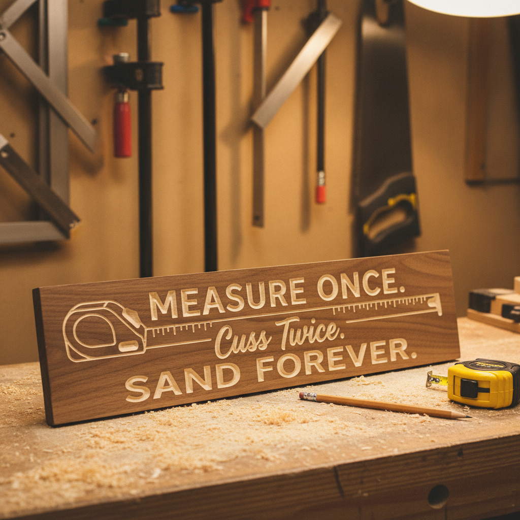 Wood Shop Sign — Measure Once, Cuss Twice, Sand Forever — styled in room — Bluegrass Gifts